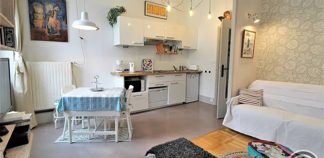 Meublé City Break - location de vacances "Fenêtres sur (la) Cour" à Lyon 6ème (Rhône) : vue sur le séjour depuis la chambre.